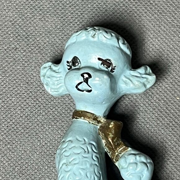 Vintage Blue Ceramic Sitting Poodle w/Gold Bow Collar MCM-Anthropomorphic-Kitch - Picture 7 of 11